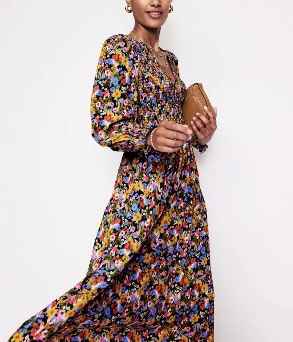 Boden Gemma Floral Smocked Midi Dress Multicolor Viscose Size 6